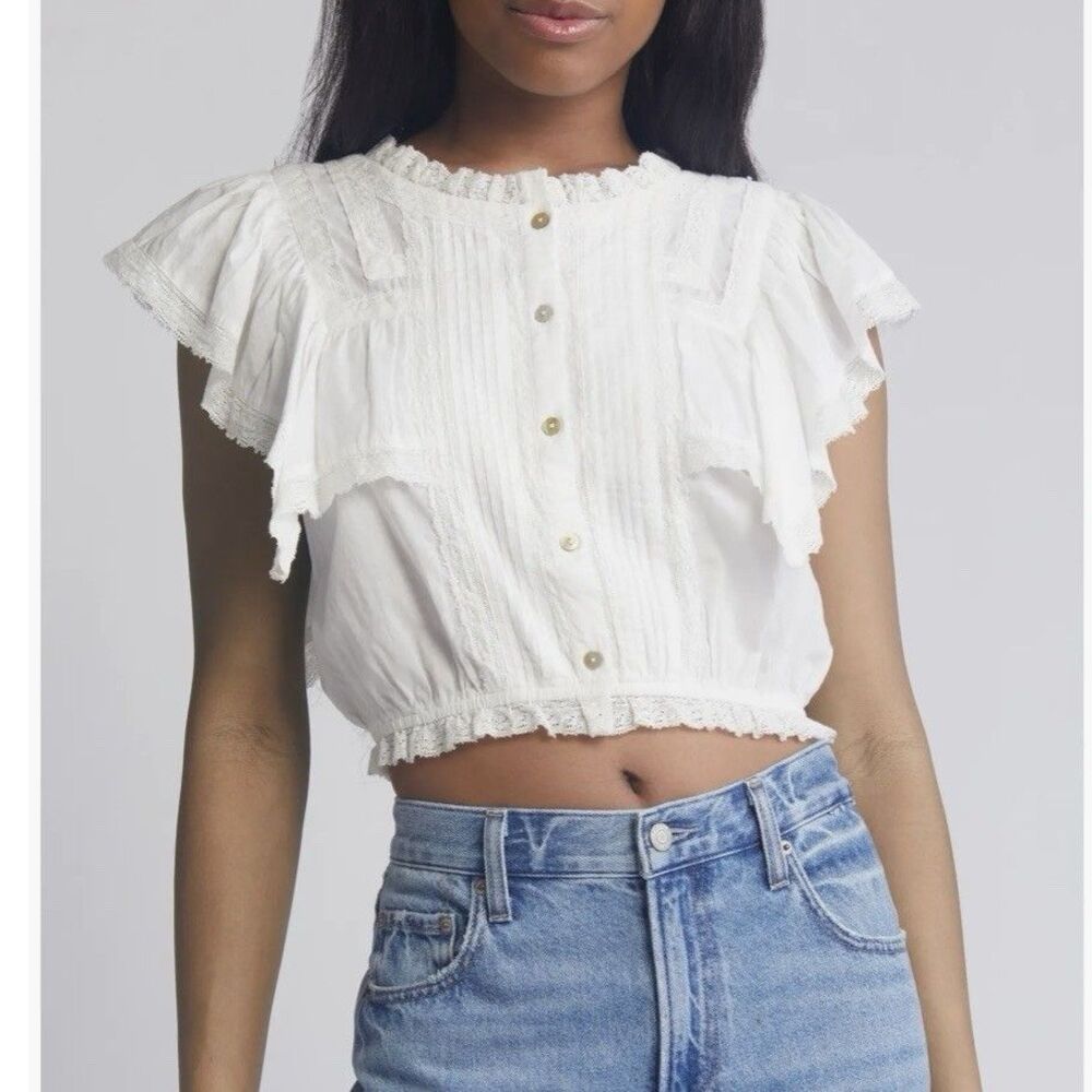 LoveShackFancy White Nora Lace Ruffle Crop Top Size S